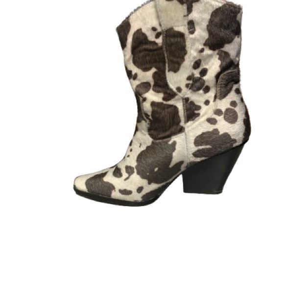 BOHO Faux fur cow print ankle cowboy boots - Picture 2 of 5